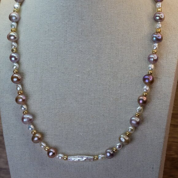 Natural Metallic Purple Pearl Necklace 19" Gold Plated - Picture 7 of 7
